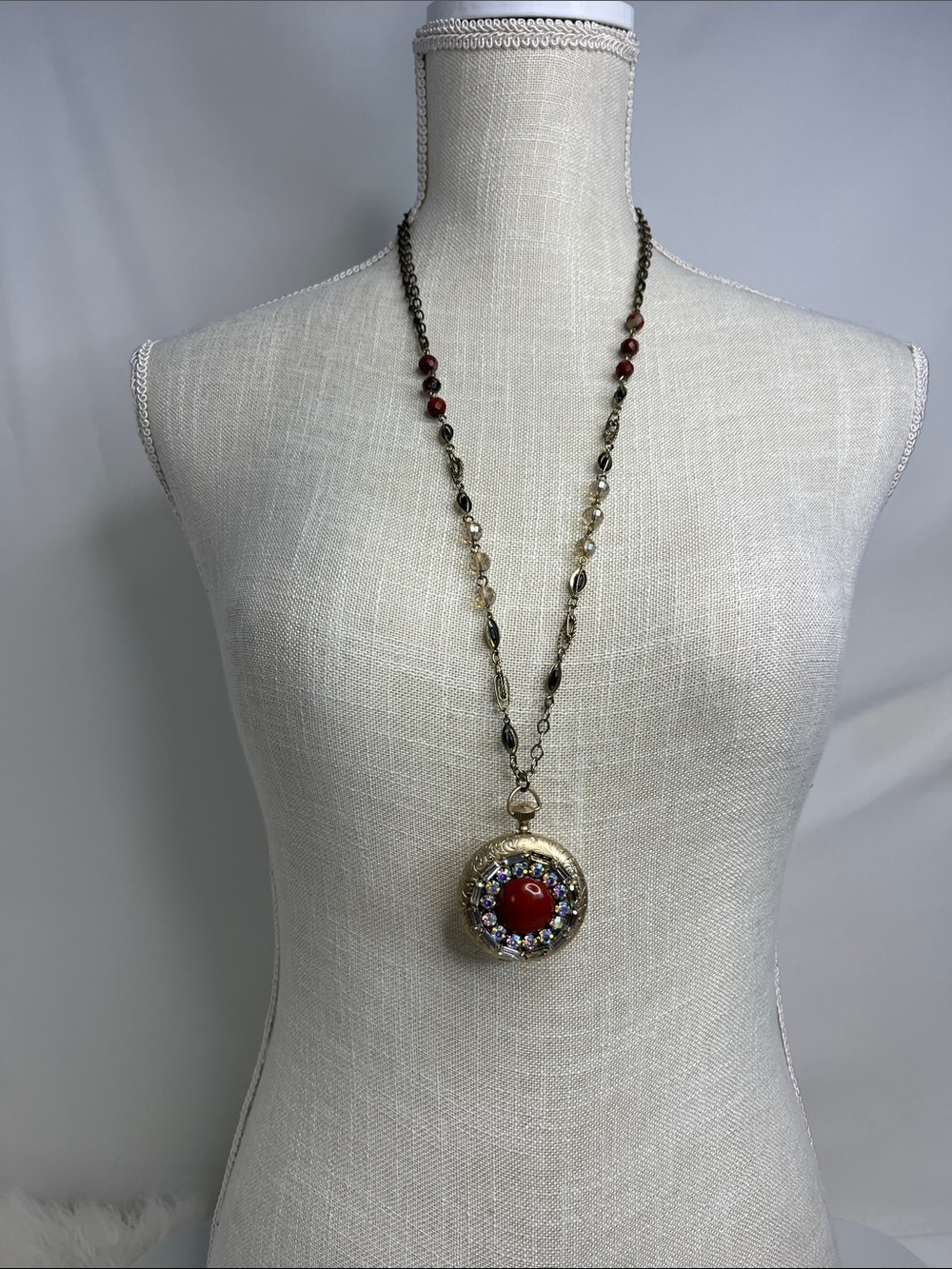 Source Unknown Antique-Tone Necklace with Red Center and Iridescent Accent